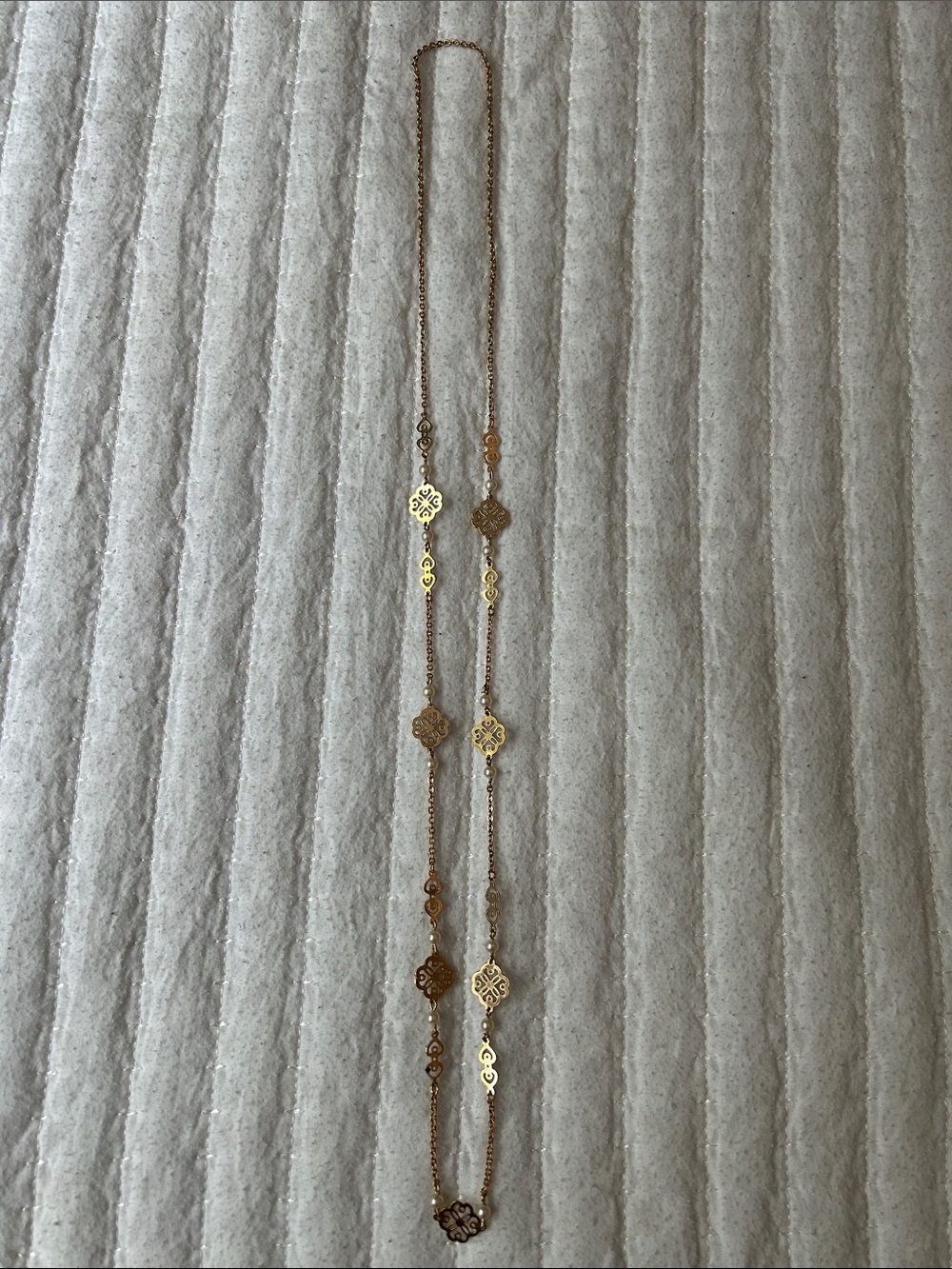 Gold Long Filigree Station Necklace with Pearls